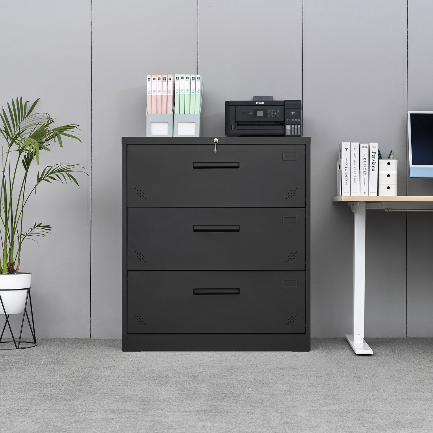 Kepooman Modern File Cabinet, Wide File Storage Cabinet for Home Office, Steel Lateral File Cabinet with 3 Drawer, Black Kepooman Modern File Cabinet, Wide File Storage Cabinet for Home Office, Steel Lateral File Cabinet with 3 Drawer, Black