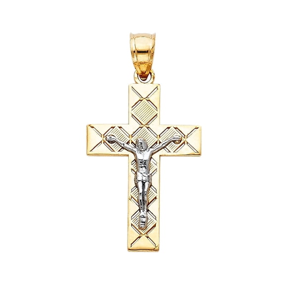 14K Two Tone Gold Jesus Crucifix Cross Religious Charm Pendant for Necklace Chain | Jewelry Gift for Men Women | 25 x 16 MM | 1.7 grams