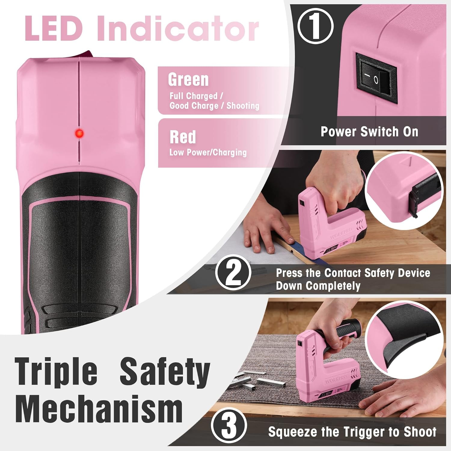 WORKPRO 3.6V Electric Staple Gun, 2-in-1 Brad Nailer with 2000 Fasteners, Usb Rechargeable for Upholstery and Home Diy Projects, Pink Ribbon