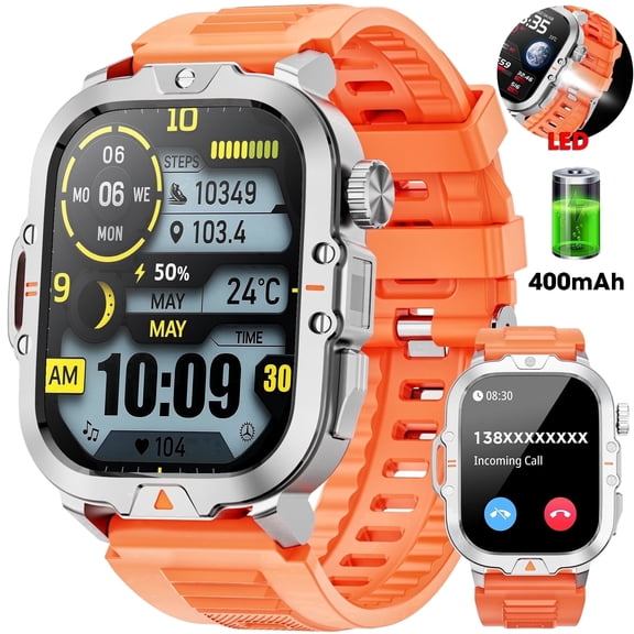 Smartwatch for Men with Fitness Tracker, 2.01-inch Answer/Make Calls/100 Sport Modes, IP68 Waterproof, men's Military Smartwatch compatible with Android IPhone Devices (Orange)