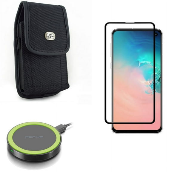 Galaxy S10e Case Belt Clip w Screen Protector w Wireless Charger - Rugged Holster Canvas, Tempered Glass 5D Curved Edge, Fast 7.5W and 10W Charging Pad for Samsung Galaxy S10e Phone