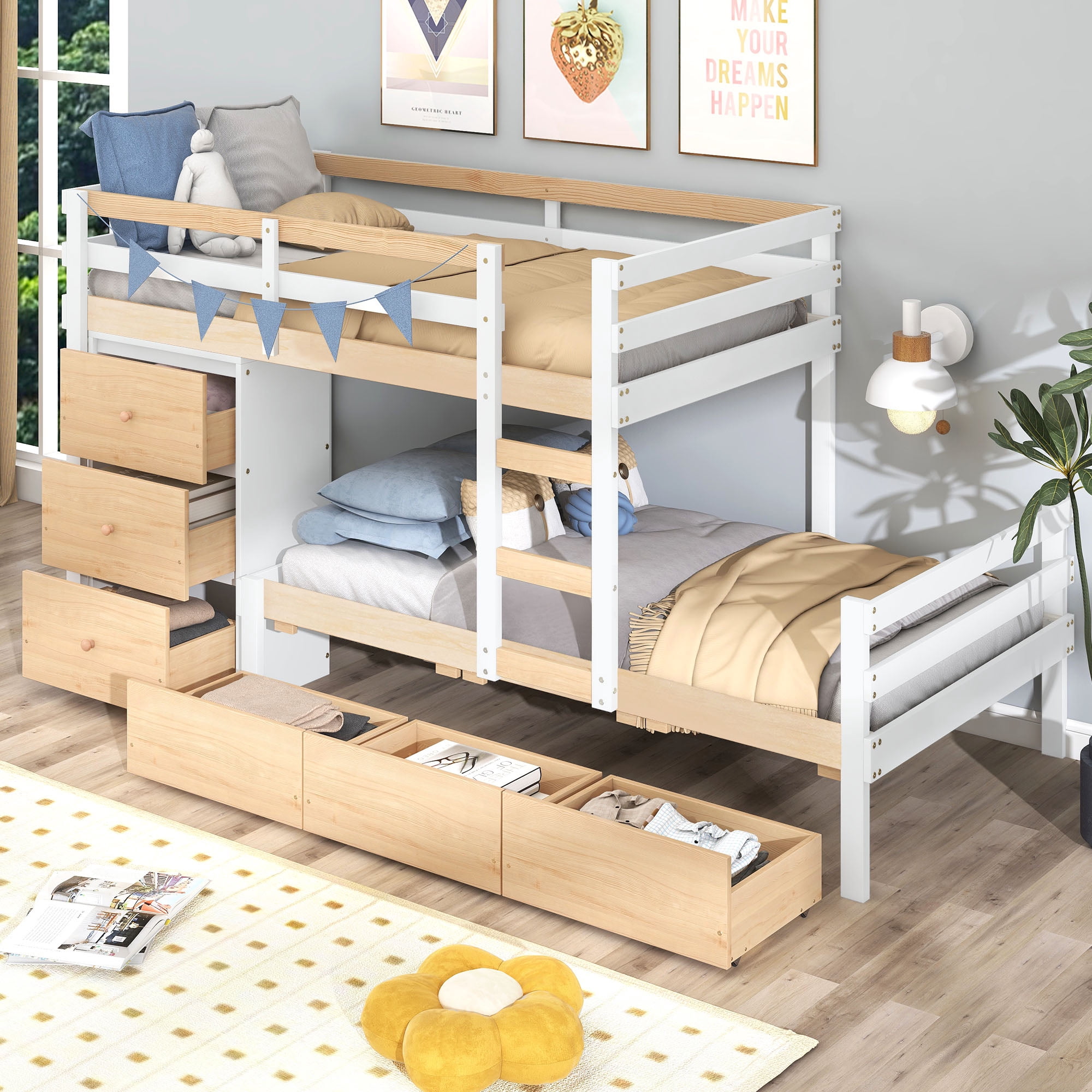 Euroco Wood Twin over Twin Bunk Bed with 6 Drawers, Natural