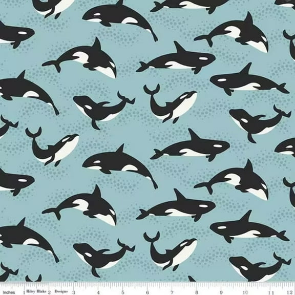 Alaska Orca Whales in Aqua Cotton Fabric (1 yard)