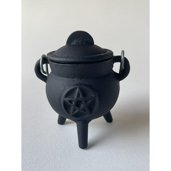 3" Pentagram Pentacle Cast Iron Cauldron with Lid and Handle, Witches Cauldron, Great for Use with Charcoal Incense, Smudge Sage