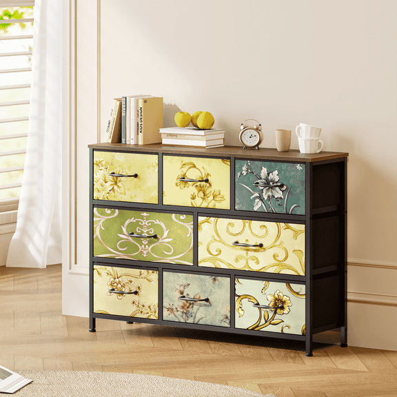 Satifur Console Table 8 Drawer Dresser with Retro Floral Pattern Drawer Dresser for Bedroom Living Room 31.5"H