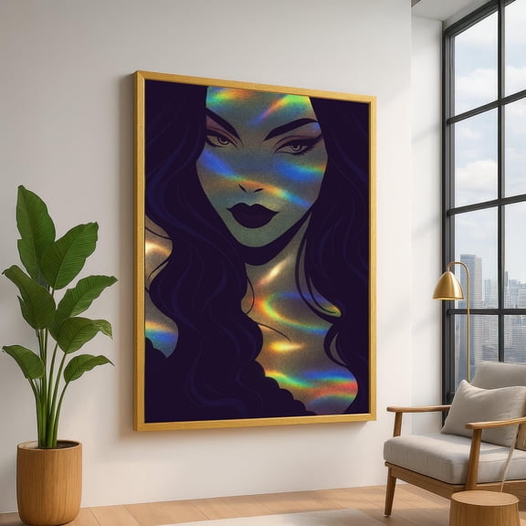 Mysterious Woman Portrait, Dark Hair Illustration, Rainbow Light Effect, Art Wall Decor, Modern Feminine UNFRAMED Poster, Wall Art for Decor, Present, 16x24