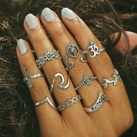 Wentin Reduced Rings Stack Silver Rings 10pcs/Set Above Blue Rings Women Set Vintage Rings