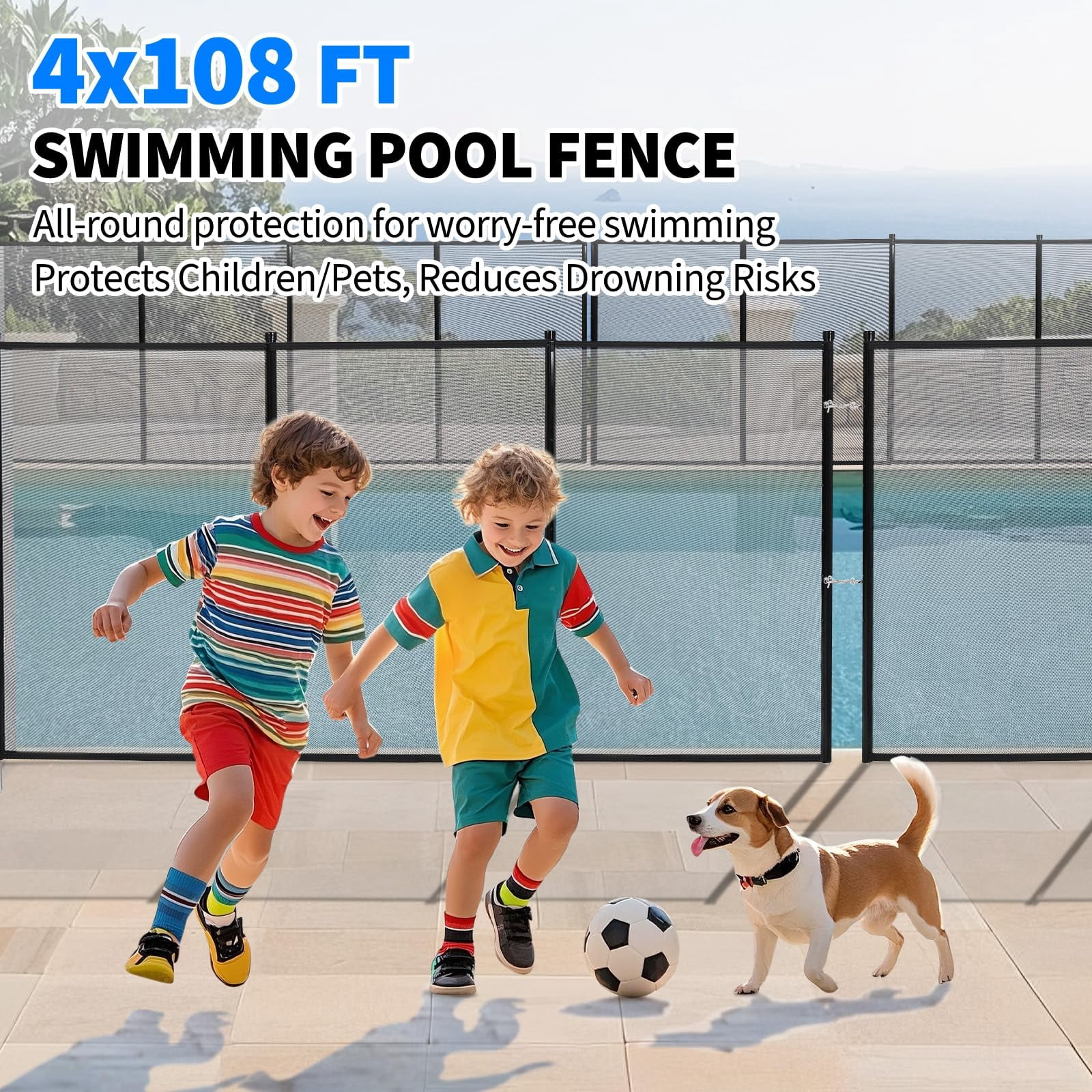 Pool Fence 4Ft x 108Ft, 320GSM Mesh with Stainless Steel Frame for Inground/Above Ground Pools, Swimming Pool Fence for Backyard Garden Pool Safety