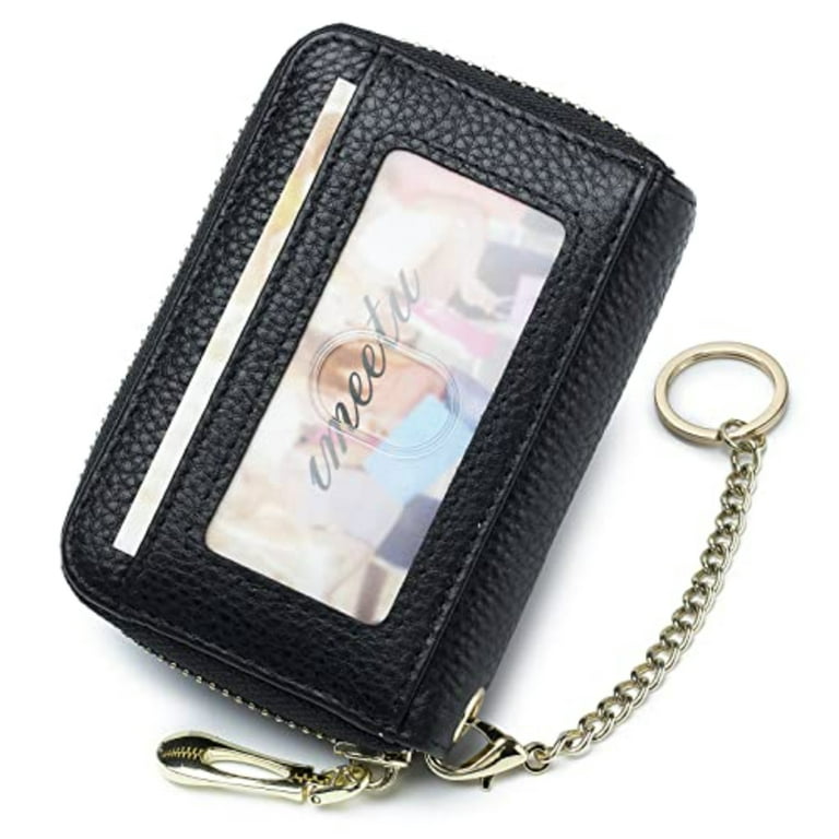 Keychain wallet with ID Window，Credit Card Holder Leather, Zipper Card Case  for Women, Black, Multi-function