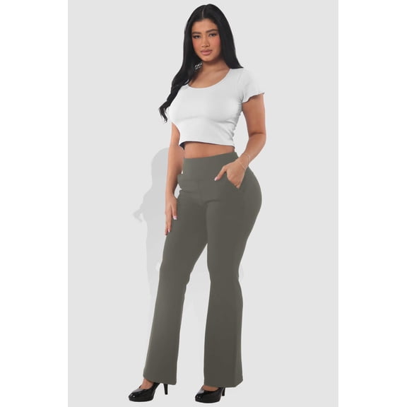 Tummy Control Butt Sculpting Flare Pants With Pockets - Dark Olive