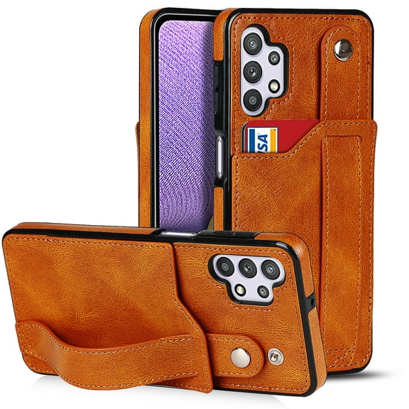 Dteck for Samsung Galaxy A32 5G Slim Case, Shockproof Premium PU Leather Soft TPU Business Cover with Wrist Strap Kickstand Flip Stand Protection Case, khaki