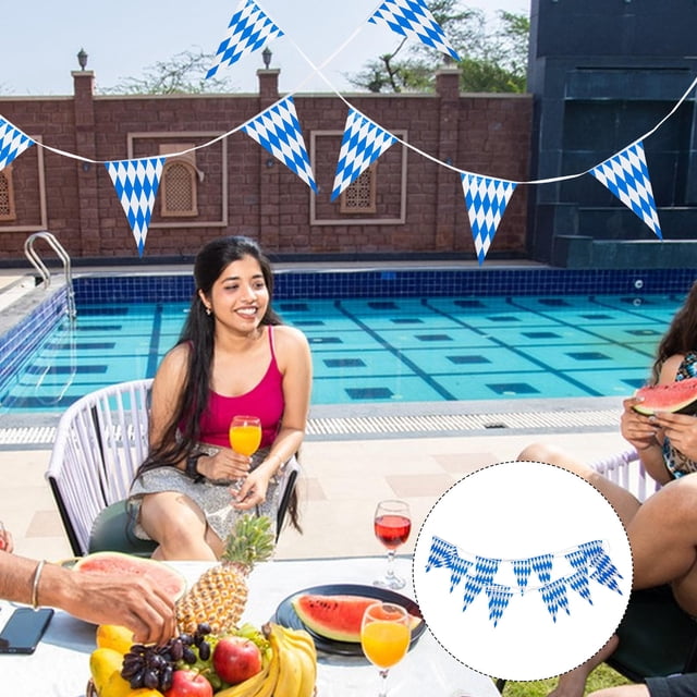 OULII 1Set Oktoberfest Bunting Banner Blue Checkered Hanging Flag for Party Background Decoration