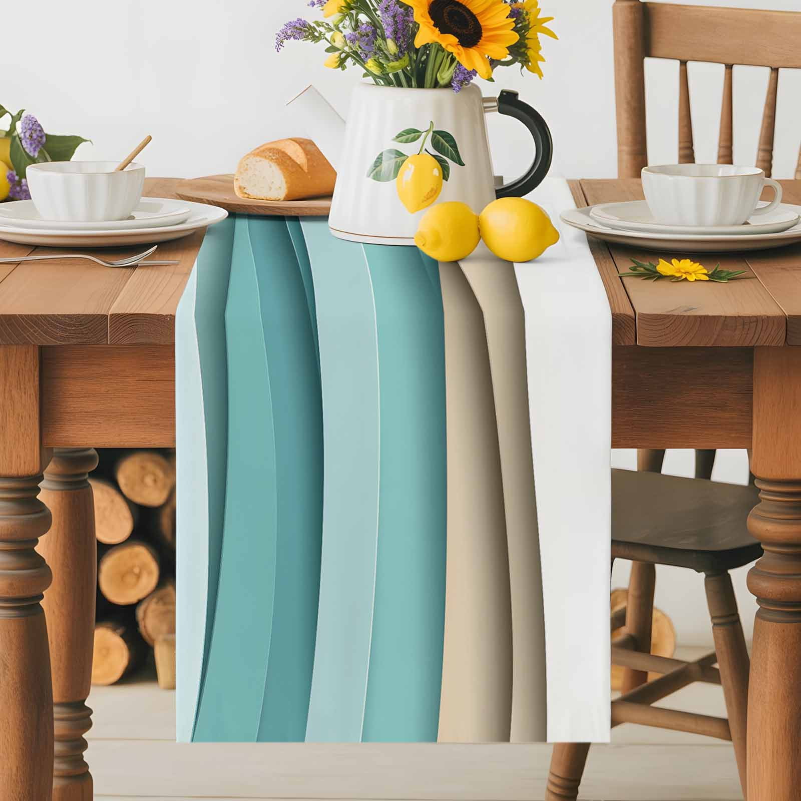 Teal Brown Gradient Water Ripple Table Runner 90 Inches Long, Abstract Geometric Table Runners Tabletop Scarf Kitchen Dining Tables Decoration for Home Party Indoor Outdoor