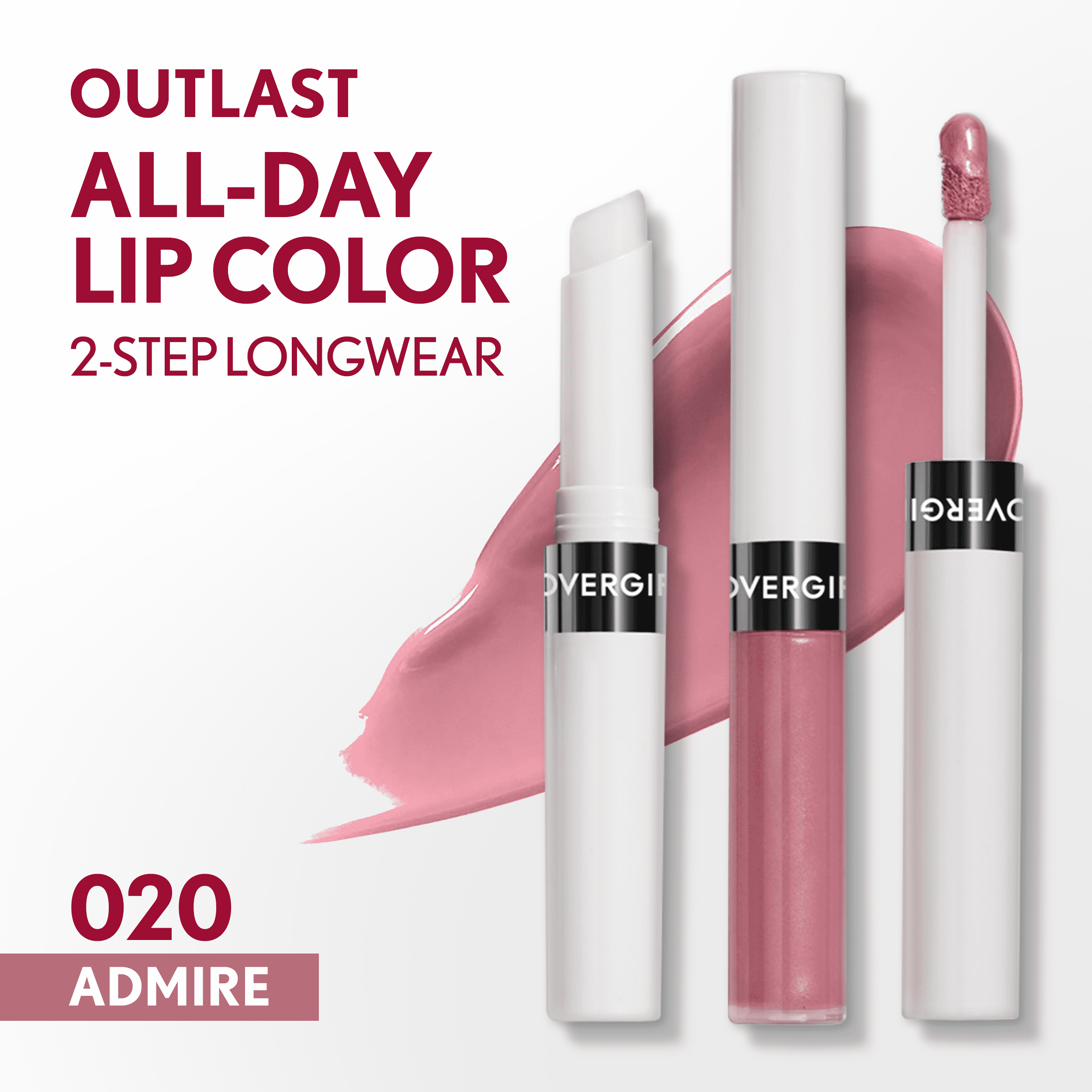 (2 pack) COVERGIRL Outlast All Day Lip Color with Top Coat, Admire 020, 0.06 oz / 0.07 fl oz