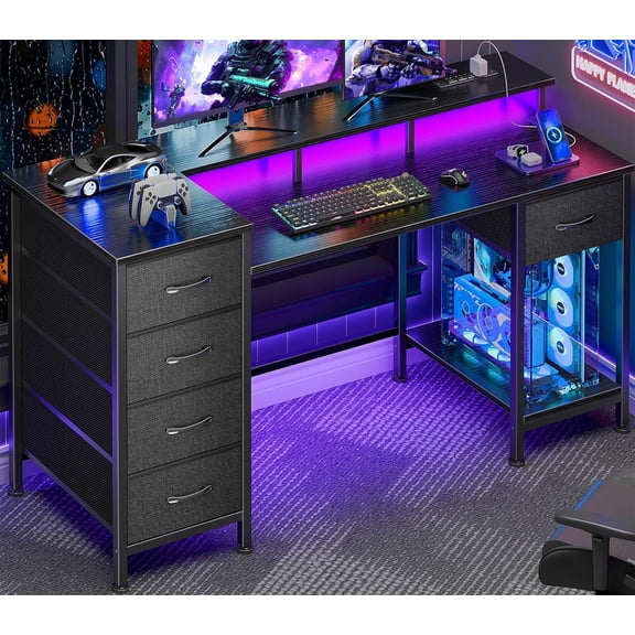 47 Inch Gaming Desk with Power Outlets and LED Lights, Reversible Computer Desk with 5 Fabric Storage Drawers, Home Office Desk with Monitor Stand for Working Writing Study, Black