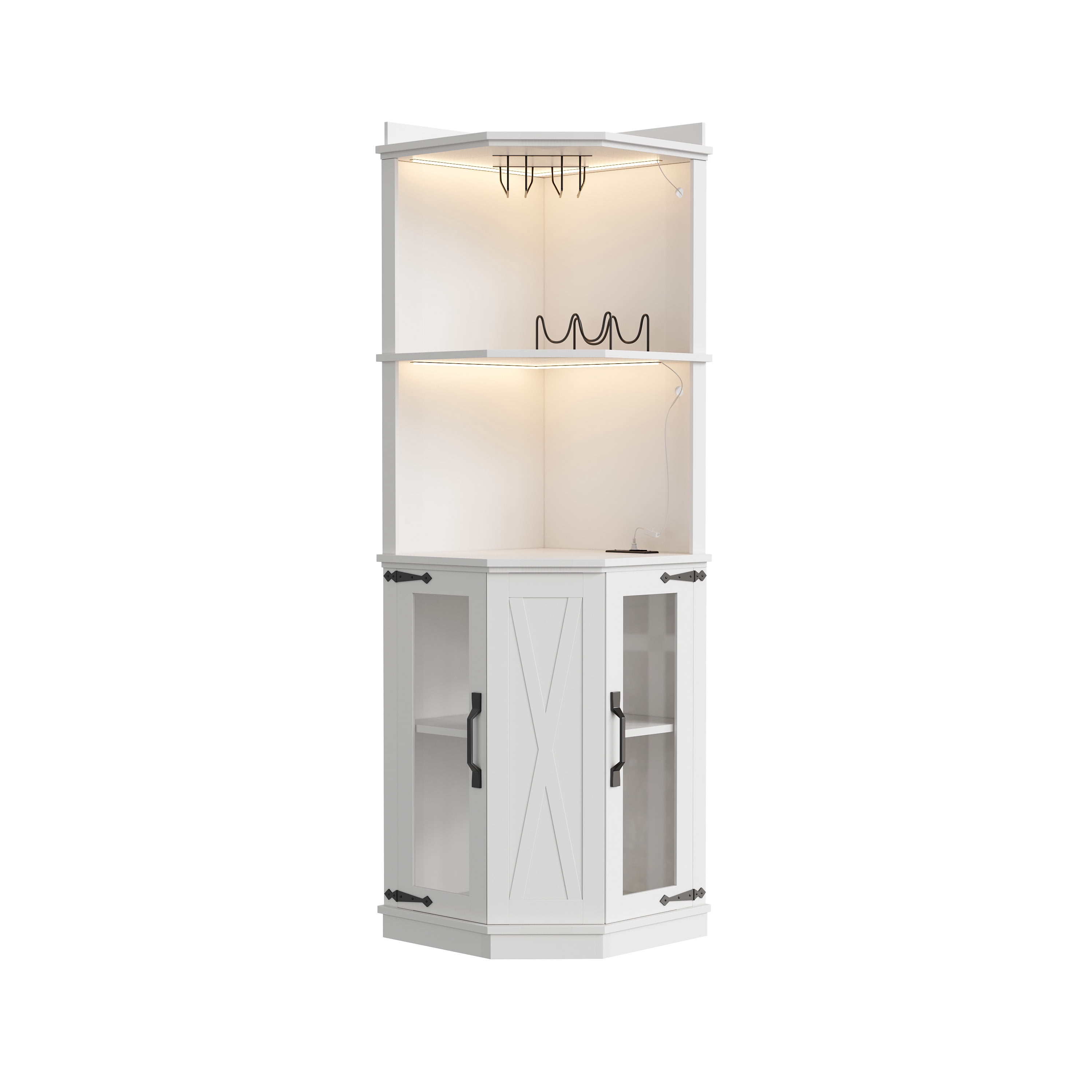 GARITIN 67.3 Inch Corner Bar Cabinet with Power Outlet, Farmhouse Wine Bar Cabinet with Adjustable Shelves, Lights & Glass Rack for Dining Room Living Room, White