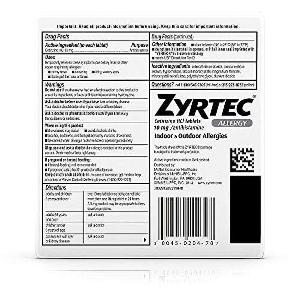 Zyrtec 24 Hour Allergy Relief Tablets with 10 mg Cetirizine Hci, 90 Ct