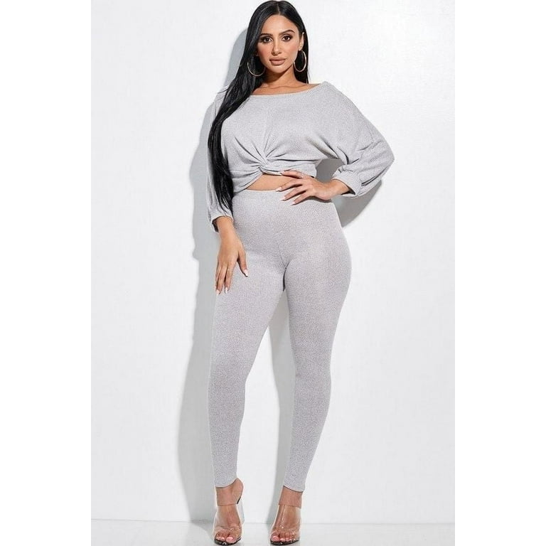 Solid Rib Knit Knotted Front Top And Leggings Two Piece Set 