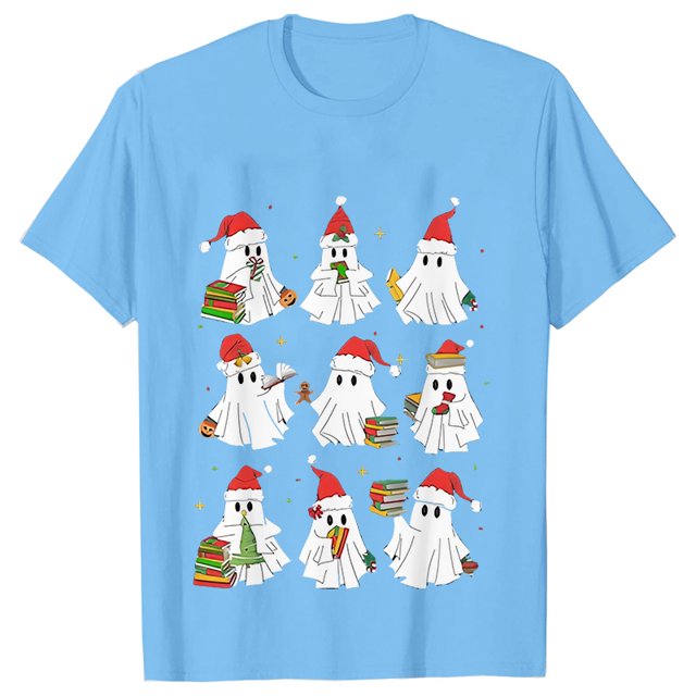 Camisetas de libro de fantasma de Navidad para mujer, ropa de libro de lectura de fantasma, camisetas de Navidad de manga corta, camisetas casuales de moda, Tops