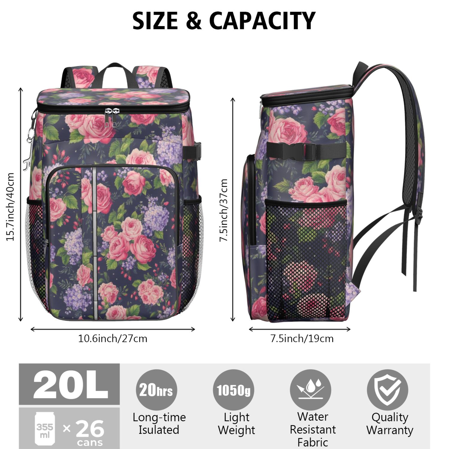 Travel Cooler Bag - Pioneer Flower Floral Print Pattern Camping Beer Cooler Backpack with Bottle Opener- Waterproof Insulated Picnic Backpacks - Cooler Bag for Beach