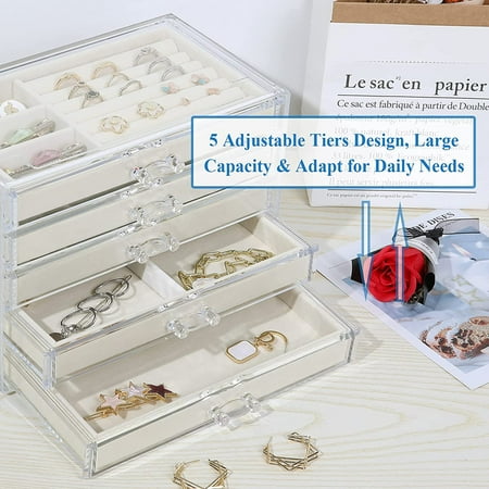 5 Drawers Acrylic Jewelry Organizer, Birthday and Back to School Gifts, Women Large Clear Jewelry Box, Velvet Jewelry Display Holder for Earrings, ...