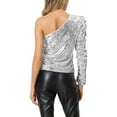 thumbnail image 3 of INSPIRAR CHIC Blusa de Mujer con Lentejuelas de Un Hombro, Manga Abullonada, para Fiesta de Cóctel, Brillante y Reluciente, Color Plateado, 3 of 5
