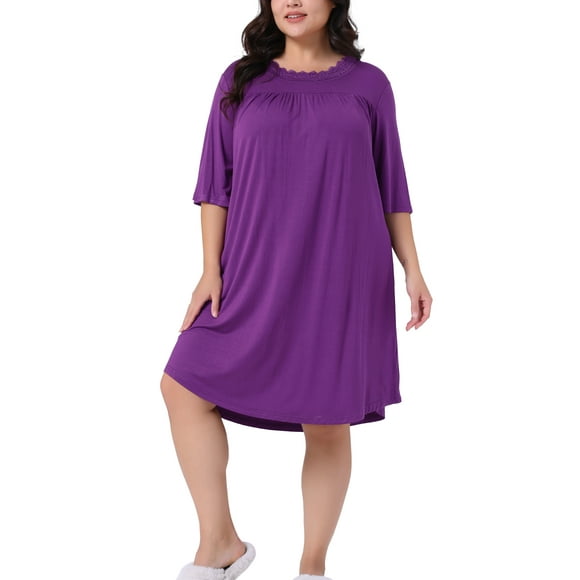 GRACE & GRANDEUR Camisón de Mujer Talla Grande con Pliegues y Encaje Cuello Redondo de Manga 3/4 Ropa de Dormir Cómoda Camisón Midi 4X Púrpura