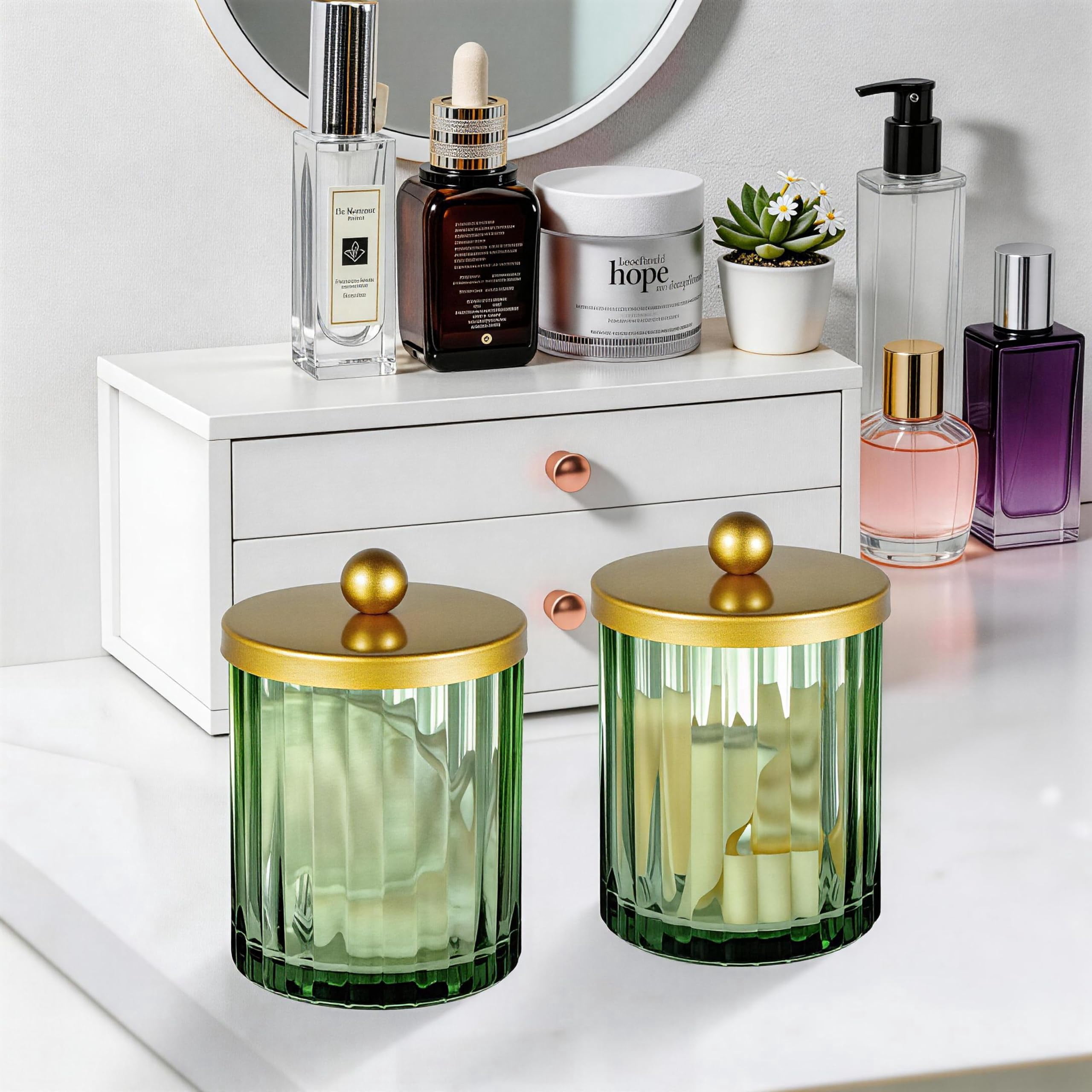 Sage Green Glass Apothecary Jar, Qtip Holder Dispenser for Cotton Swabs, Balls, Makeup Pads, Floss Picks, Bathroom Essential Accessories, Countertop Canister Storage Organizer (Black, 2 Pack)