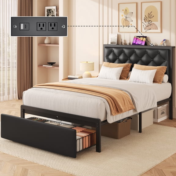 Twin Bed Frame with Upholstered Headboard, Charging Station, Large Storage Drawer, No Box Spring Needed, Easy Assembly, Black