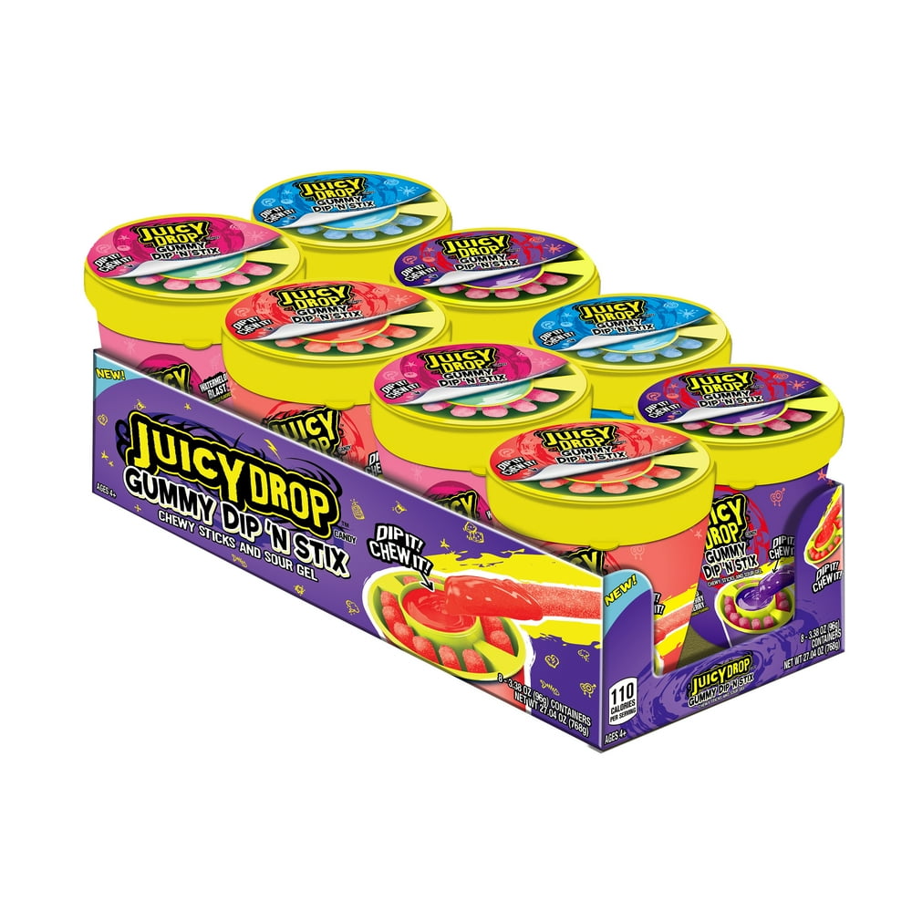 Juicy Drop Gummy Dip 'N Stix, Sweet Gummy Sticks w Sour Dipping Gel, 8 Pack Fun Candy for Juicy Drop Gummy Dip 'N Stix, Sweet Gummy Sticks w Sour Dipping Gel, 8 Pack Fun Candy for