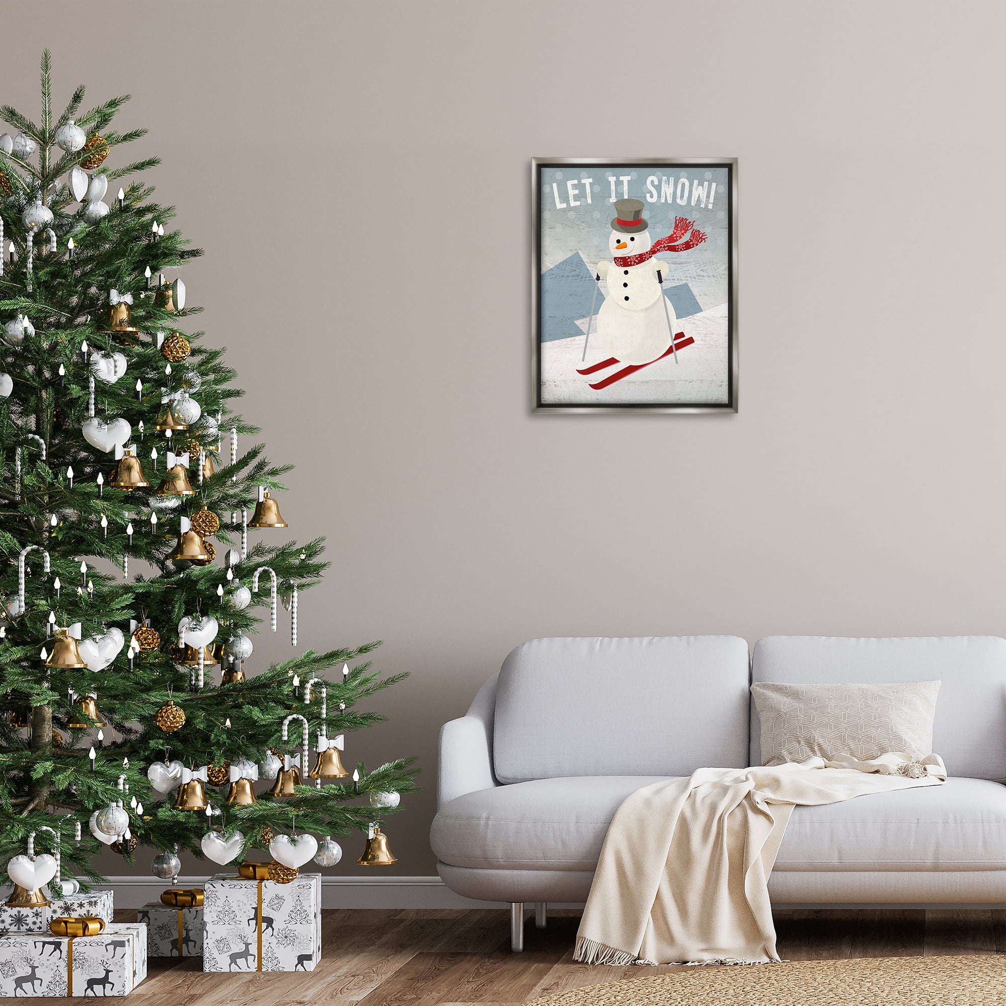 Stupell Industries Skiing Snowman on Slopes Holiday Painting Gray Floater Framed Canvas Art Prints Wall Art, 25 x 31
