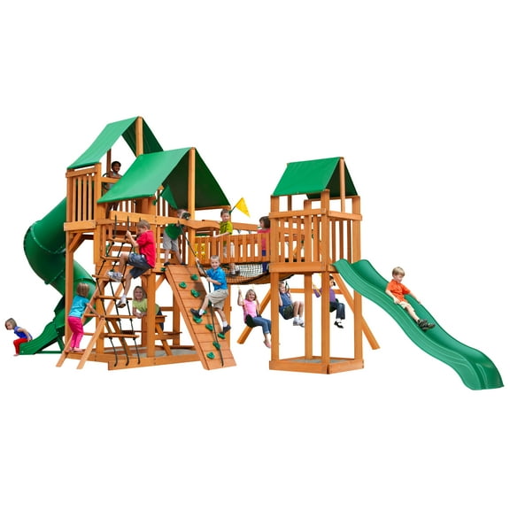 Gorilla Playsets Treasure Trove I Wooden Swing Set with Green Vinyl Canopy, 2 Slides, and Clatter Bridge and Tower