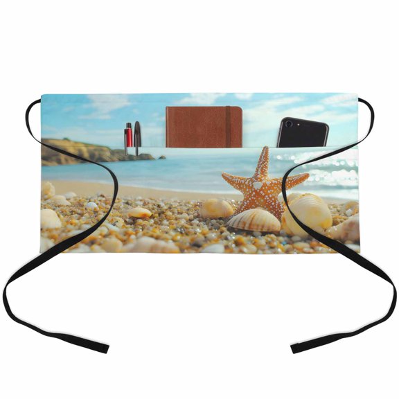 Server Apron with 3 Pockets Starfish Waitress Waiter Short Waist Aprons Waterproof Short Aprons for Women Men Servers Work Cafe Hotel Chef Kitchen BBQ Gifts 24"x13" Summer Beach Shell