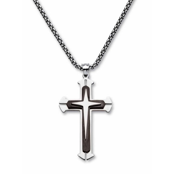 PalmBeach Jewelry Men's Triple Layer Cross and Box Chain Pendant Necklace in Black Ion-Plated Stainless Steel 24"