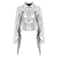 thumbnail image 3 of Haitryli Shiny Fringe Cropped Jacket for Women Long Sleeve Lapel Zip Up Western Style Biker Outerwear Silver M, 3 of 6