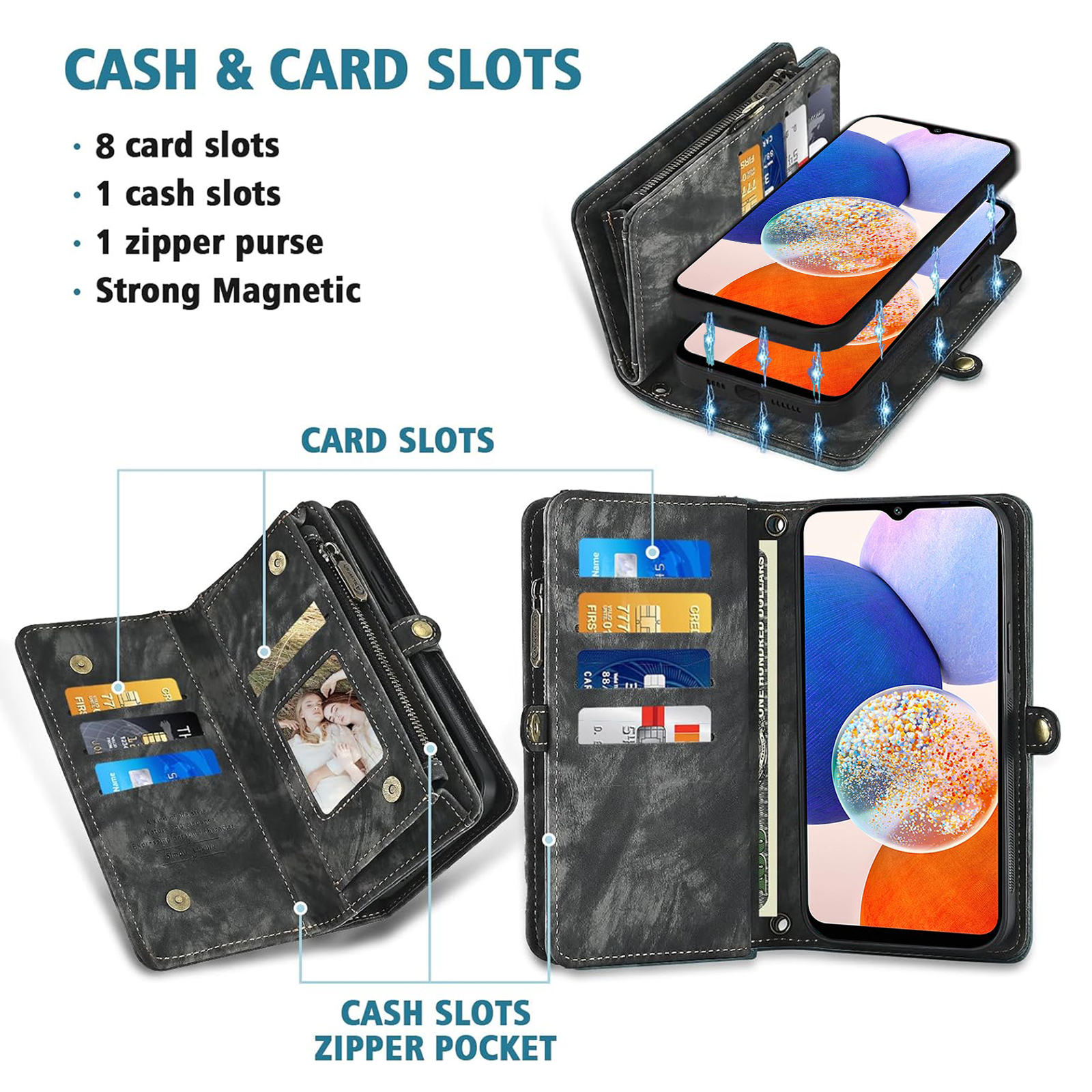 Asuwish Compatible with Samsung Galaxy A14/M14 5G Phone Case Zipper Wallet Detachable Tempered Glass Screen Protector Crossbody Strap Flip Card Holder Cell Cover for A 14 4G 14A 14M G5 Women Black