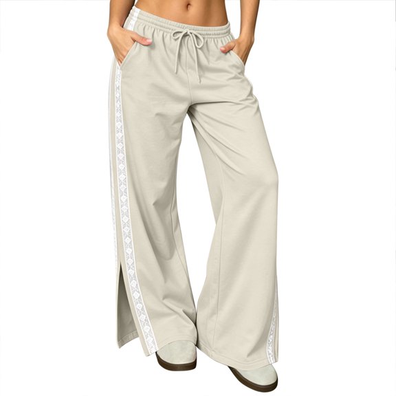 Lace Side Stripe Sweatpants for Women Ghalytn Drawstring Wide Leg Pants - Loose Casual Trousers with Side Pockets and Split Hem