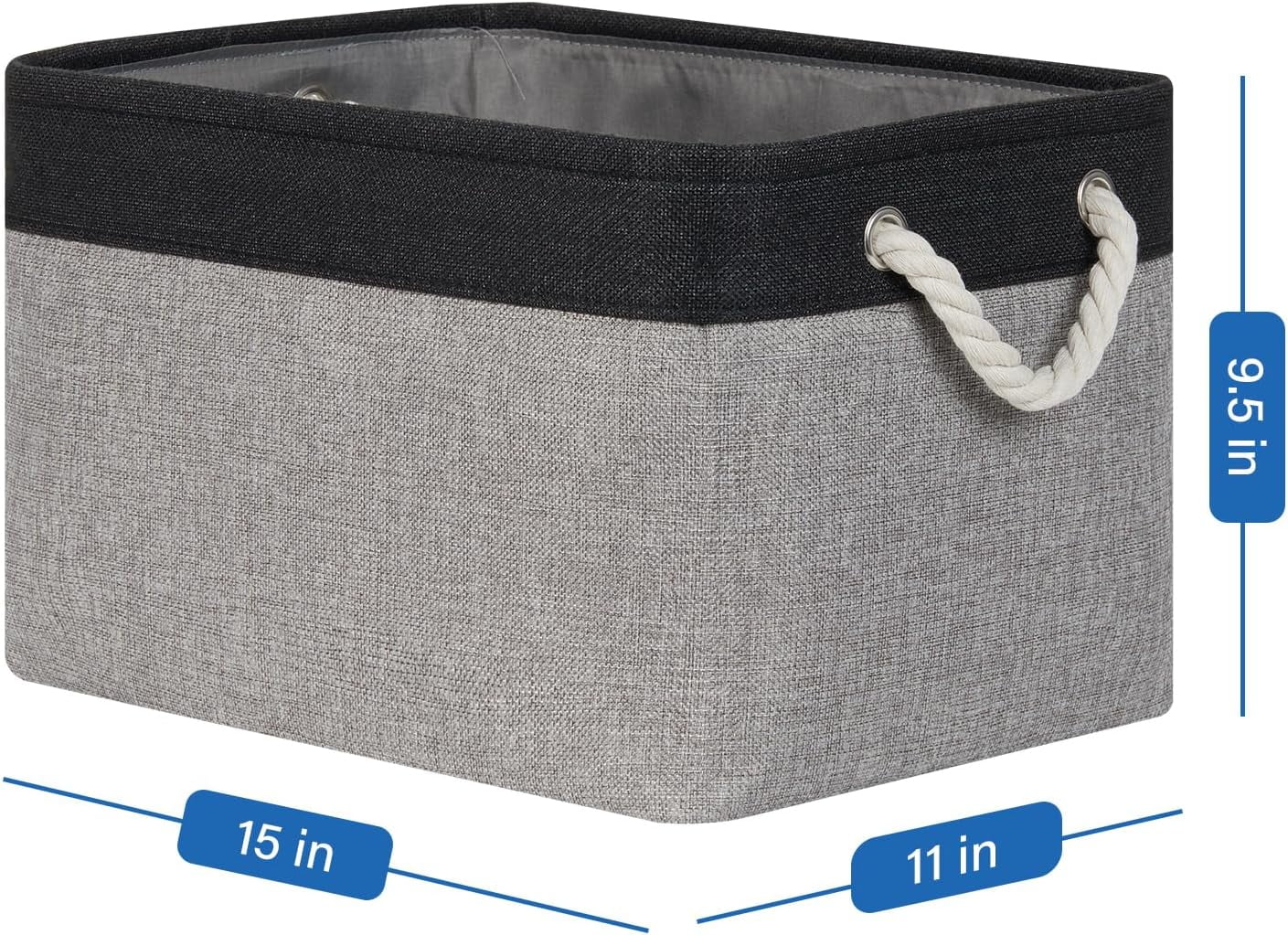 Fabric Storage Baskets 4Pack Storage Bins Decorative Basket for Gift, Clothes Bin with Rope Handle, Rectangle Baskets for Storage, Blankets(Black&Gray,15x11x9.5 inch)