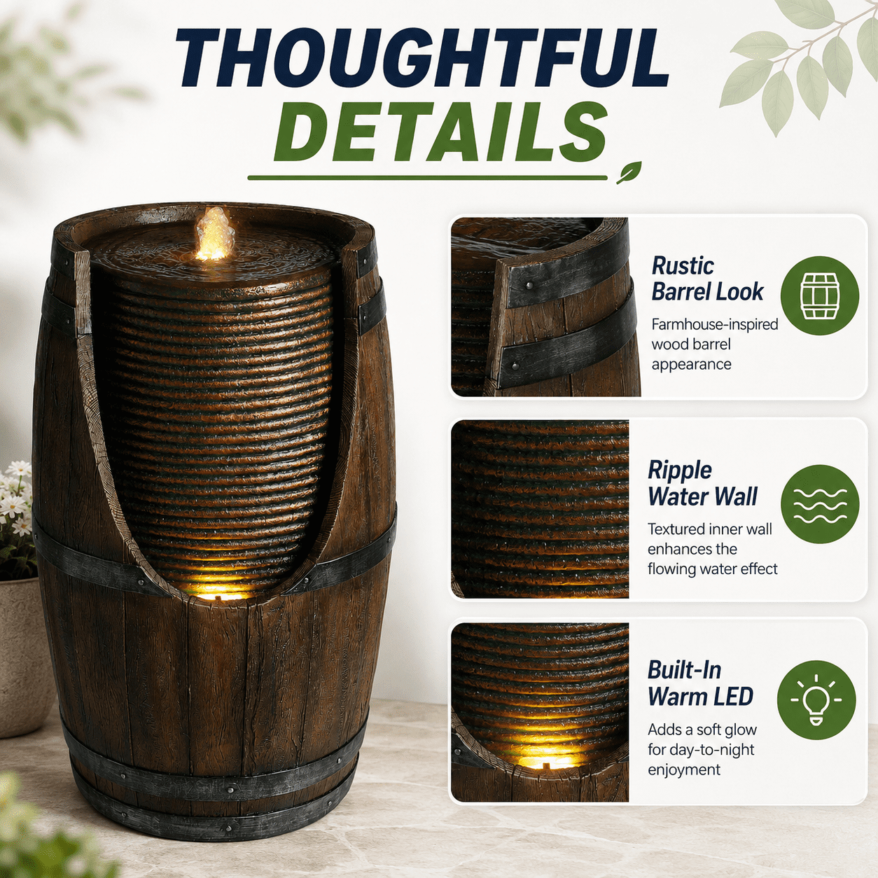 Aukfa Farmhouse Barrel Outdoor Water Fountain with LED Lights for Patio Garden Yard,Brown