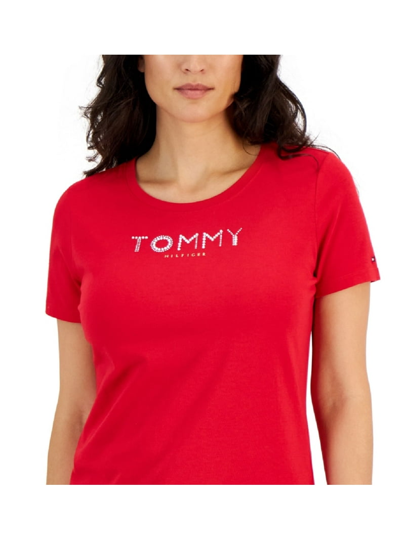 売れ筋商品|||トミーヒルフィガー カットソー トップス レディース Women's Cotton x NYC Heart Graphic T-Shirt Red Hot Tommy Hilfiger Women's Crew Neck Rhinestone Embellished T