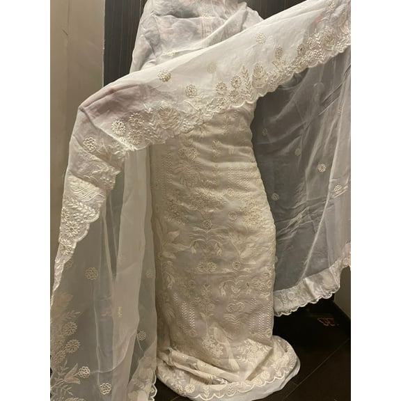 Designer Unstitched Semi Silk WHITE GEORGETTE PARSI EMBROIDERY each order has 2.70 yards of embroidered fabric with a matching embroidered dupatta