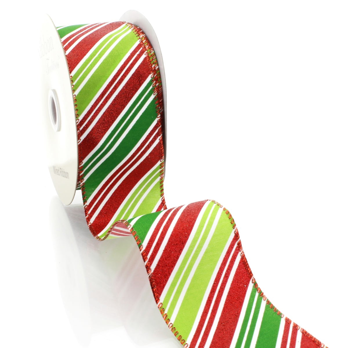 Ribbon Traditions Christmas Red / Green / White Diagonal Stripes Wired Ribbon 2 1/2" by 25 Yards