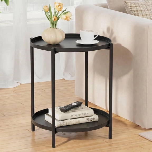 keerffo 2-Tier Round Metal Side Table with Removable Tray Top, Indoor Outdoor End Table Nightstand with Double Storage Shelves for Patio Bedroom Living Room