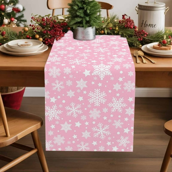 Christmas Winter Snowflakes Table Runner 13x36in Non-Slip Cotton Linen Table Runners, Pink White Dresser Scarves TableRunner for Dinner Kitchen Dining Wedding Party