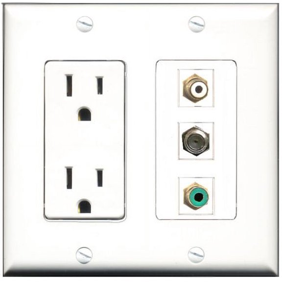 RiteAV - 15 Amp Power Outlet 1 Port RCA White 1 Port RCA Green 1 Port Coax Decorative Wall Plate