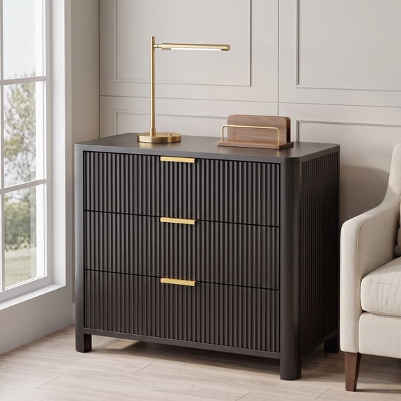 Fnova 31.5" Fluted Night Stand with 3 Drawers, Oversized Nightstand Modern Sofa End Side Table with Storage, Extra Large Bedside Table for Bedroom Living Room, Black