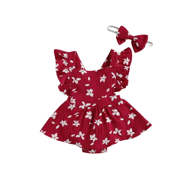 FOCUSNORM Barboteuse à Manches Volantées pour Bébé Fille avec Jupe Fleurie, Coutures et Bandeau