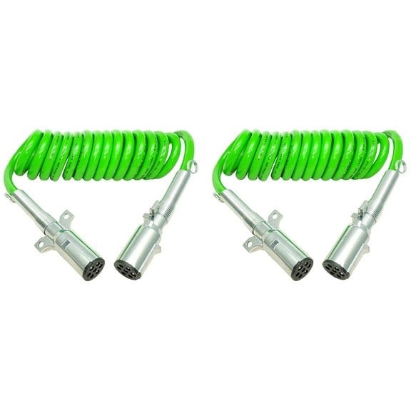 TORQUE 2 Pack of 7 Way Coiled Trailer Cord 15 FT Green ABS Electrical Power Coil Heavy Duty Cable Power Wire Cable for Semi Trucks Trailer Tractors (2 x TR831160)
