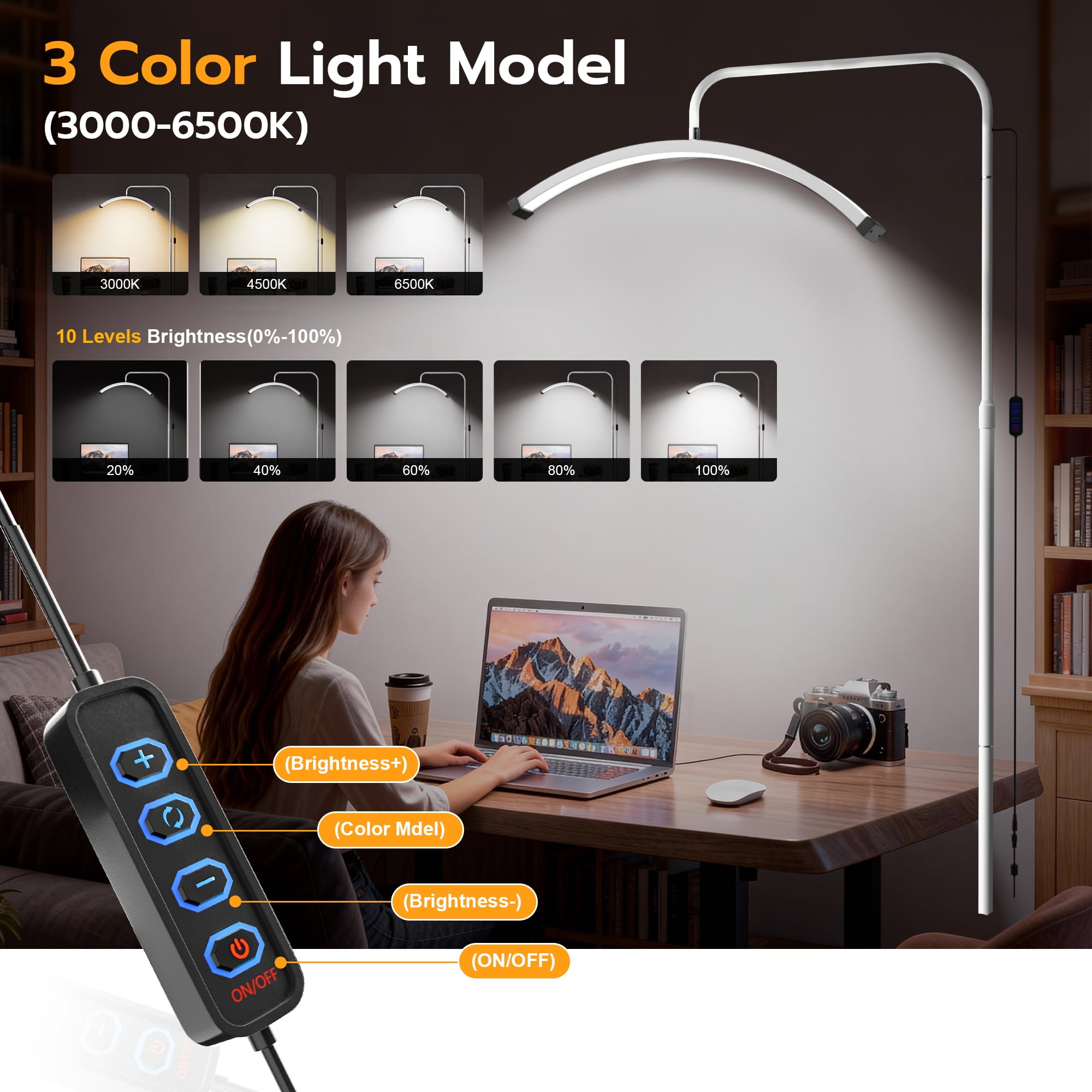 26 Inch Eyelash Extensions LED Floor Lamp, Rotating Half Moon Lash Lighting with Adjustible Height & Brightness Arched Lash Light for Skincare, Eyebrows, Tattoo