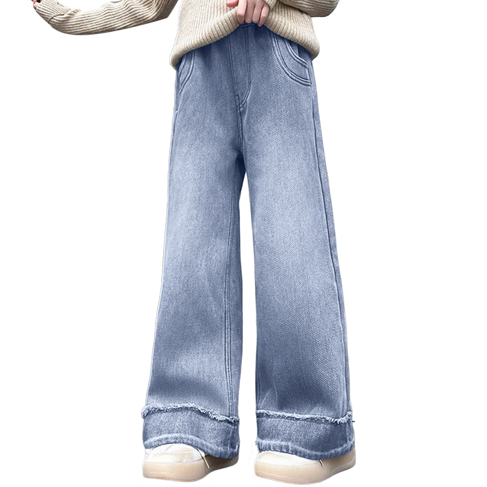 Baogaier Jeans Filles Enfants Baggy Pantalon Jambes Larges Avec Taille Élastique Loose Fit Long Denim Jeans Avec Poches Décontracté Denims Mode Casual Polyvalent Ado Pant Pour 6-7 Ans, Bleu Lavé